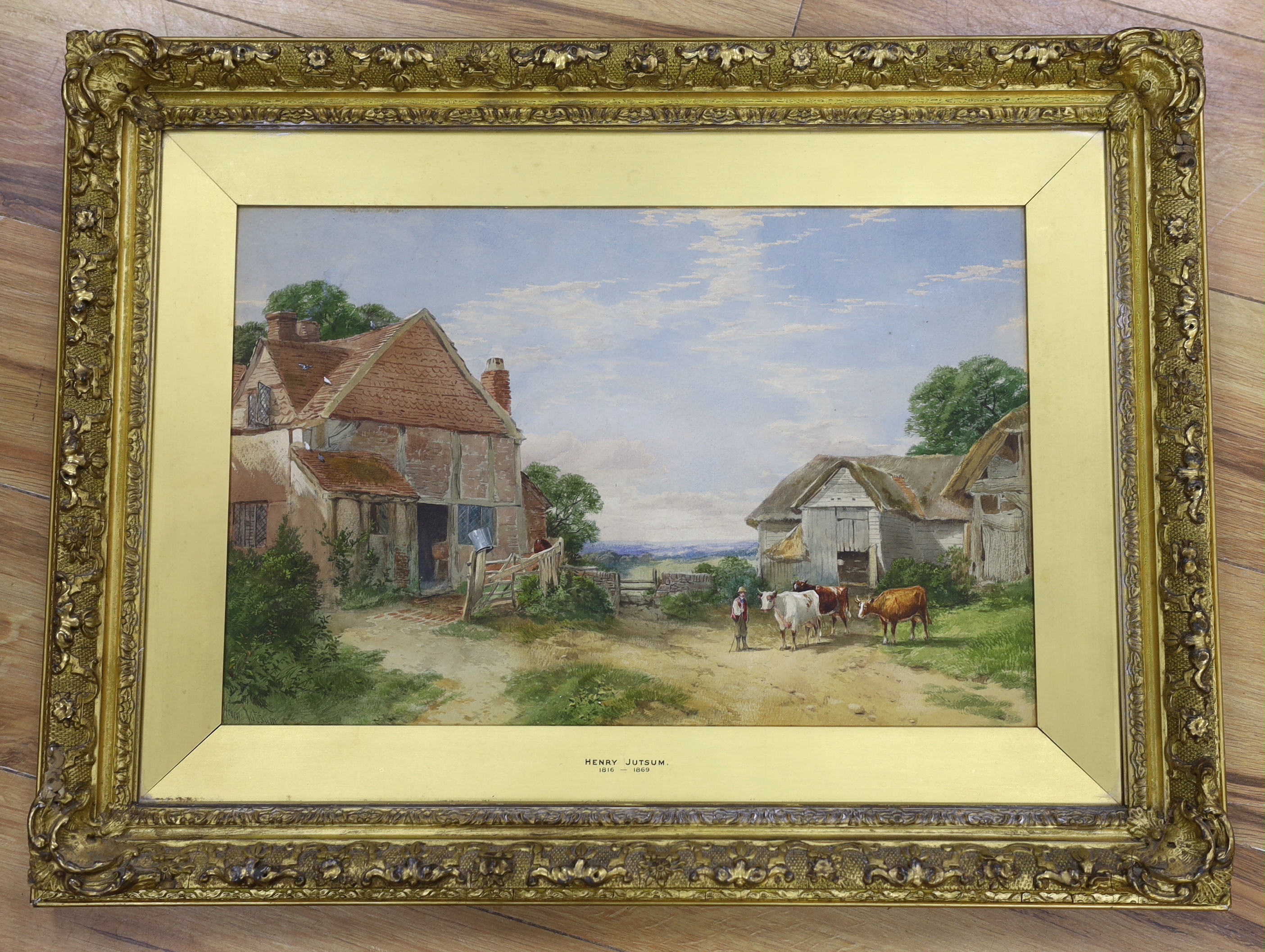 Henry Jutsum (1816-1869), watercolour, Farmyard landscape with cattle, signed, 30 x 47cm